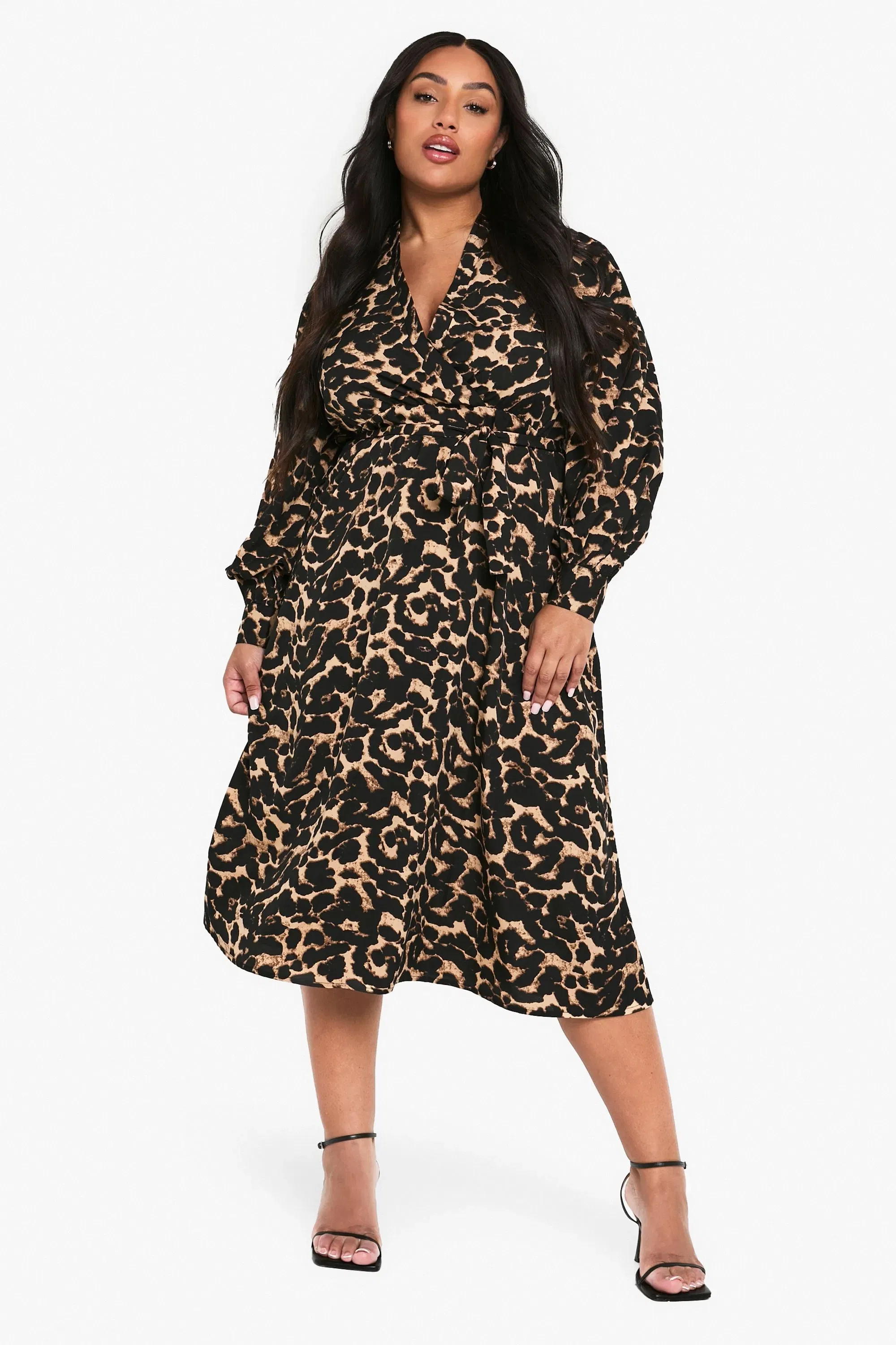 Plus Leopard Print Belted Skater Dress