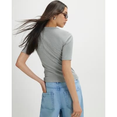 Grey Short Sleeve Cotton Fitted Top