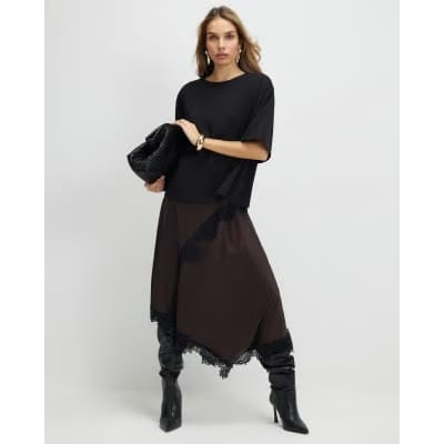 Brown Lace Hybrid T-Shirt Maxi Dress