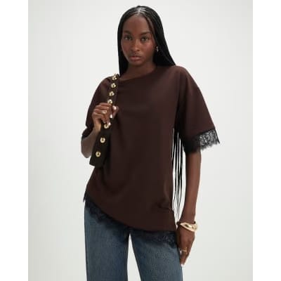 Brown Short Sleeve Lace Trim Asymmetric Top