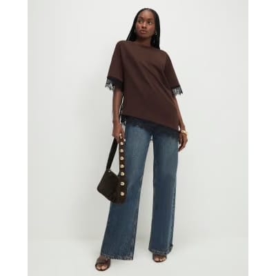 Brown Short Sleeve Lace Trim Asymmetric Top