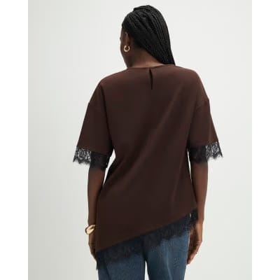 Brown Short Sleeve Lace Trim Asymmetric Top