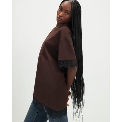 Brown Short Sleeve Lace Trim Asymmetric Top
