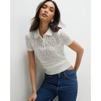 Cream Stitched Knit Polo Top