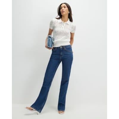 Cream Stitched Knit Polo Top