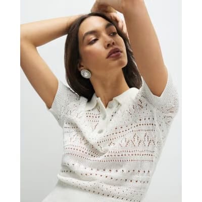 Cream Stitched Knit Polo Top