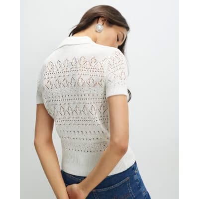 Cream Stitched Knit Polo Top