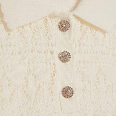 Cream Stitched Knit Polo Top