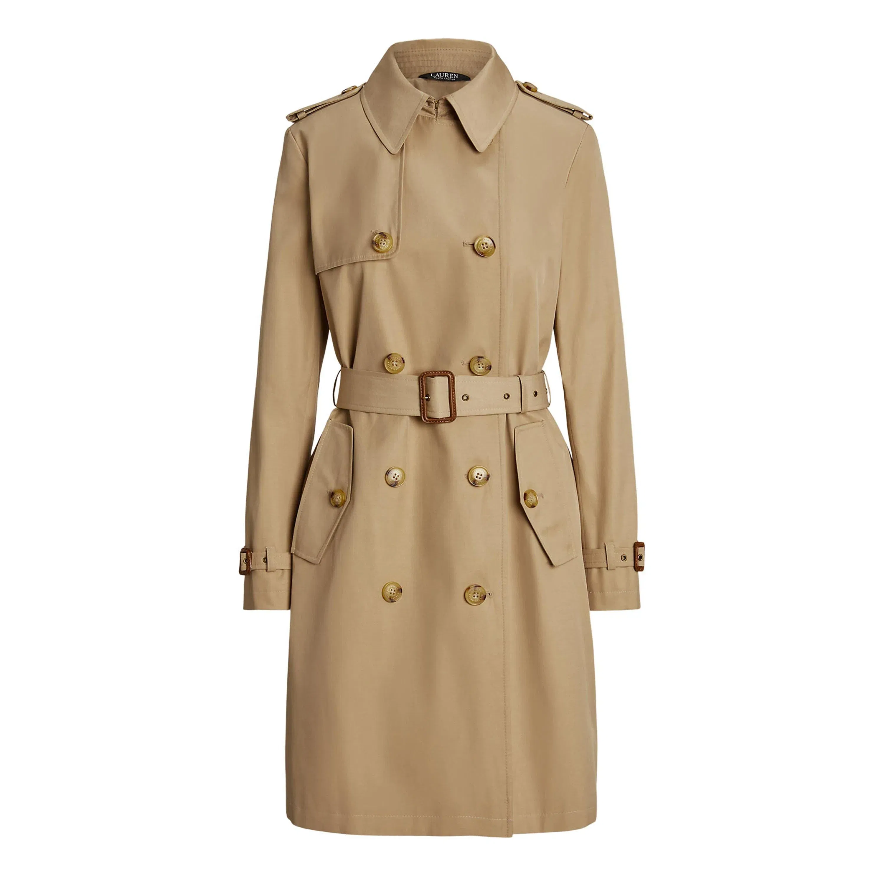 Double Breasted Belted Cotton Knee Length Long Sleeve Trench Coat
