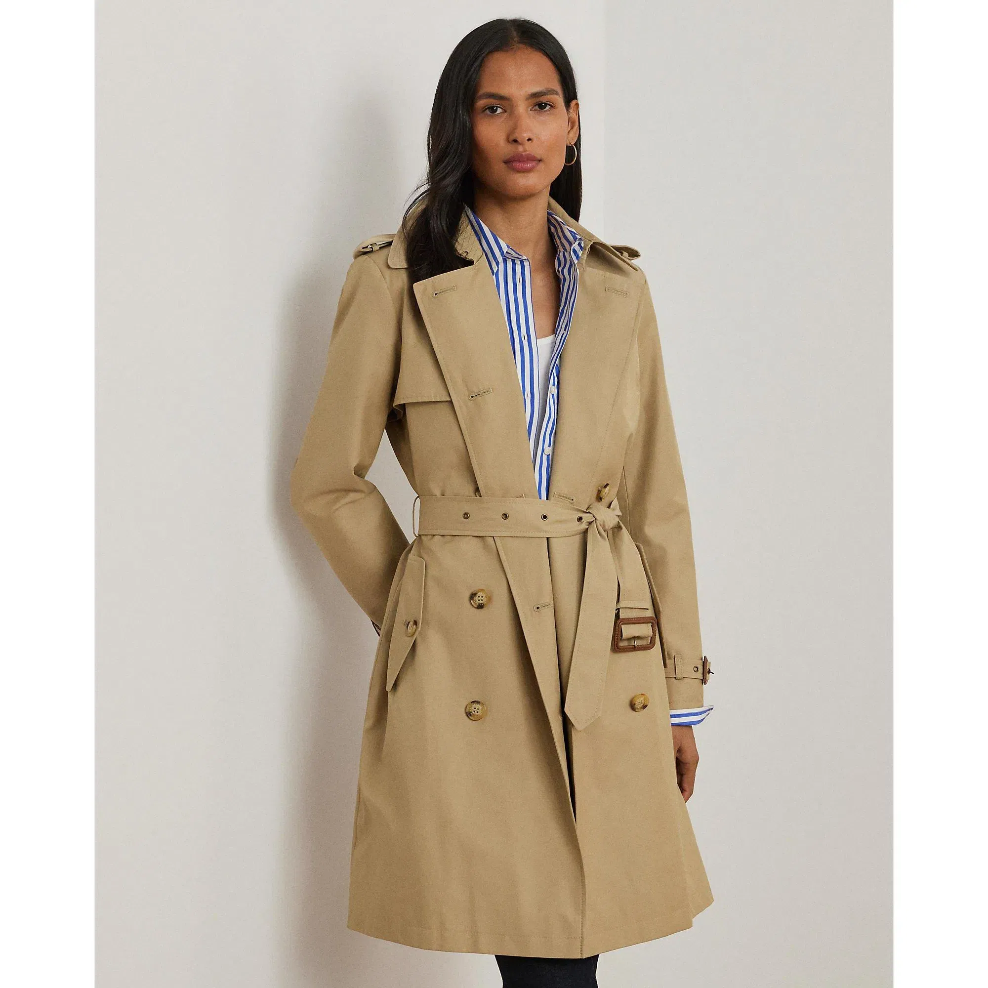 Double Breasted Belted Cotton Knee Length Long Sleeve Trench Coat
