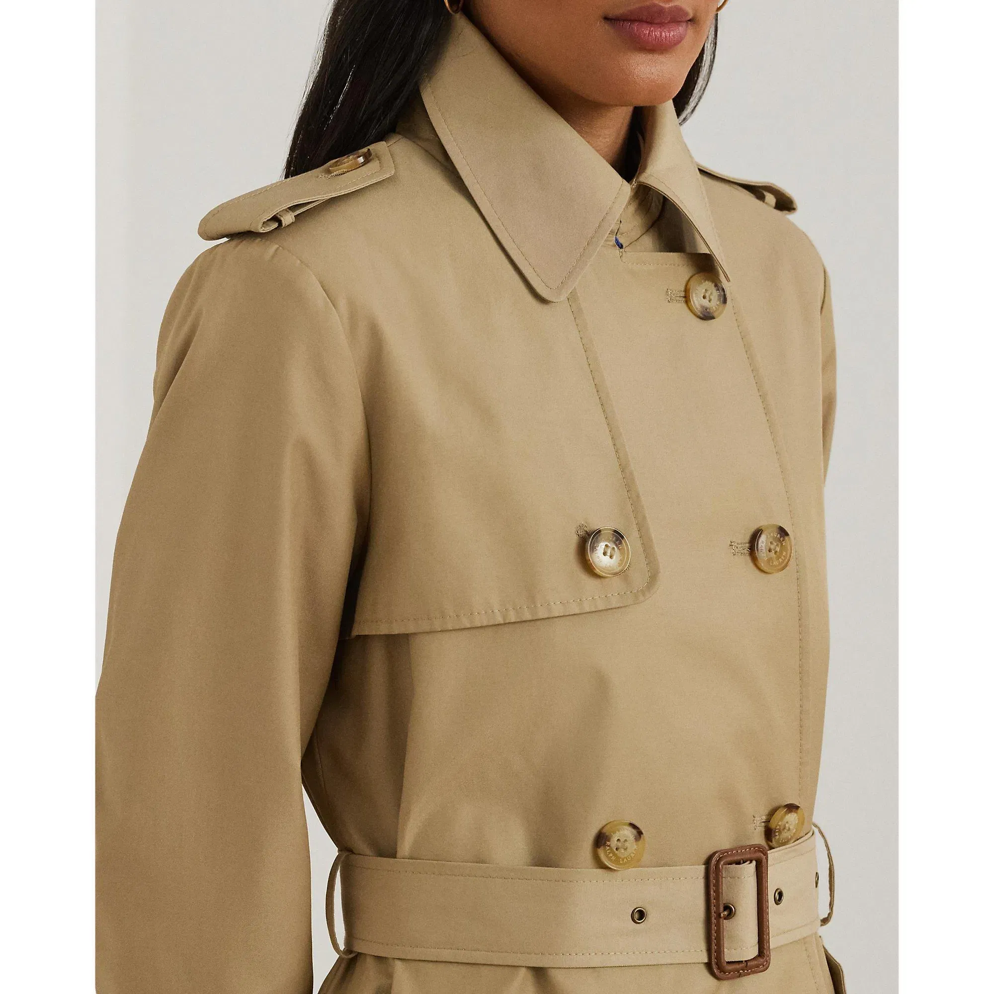 Double Breasted Belted Cotton Knee Length Long Sleeve Trench Coat