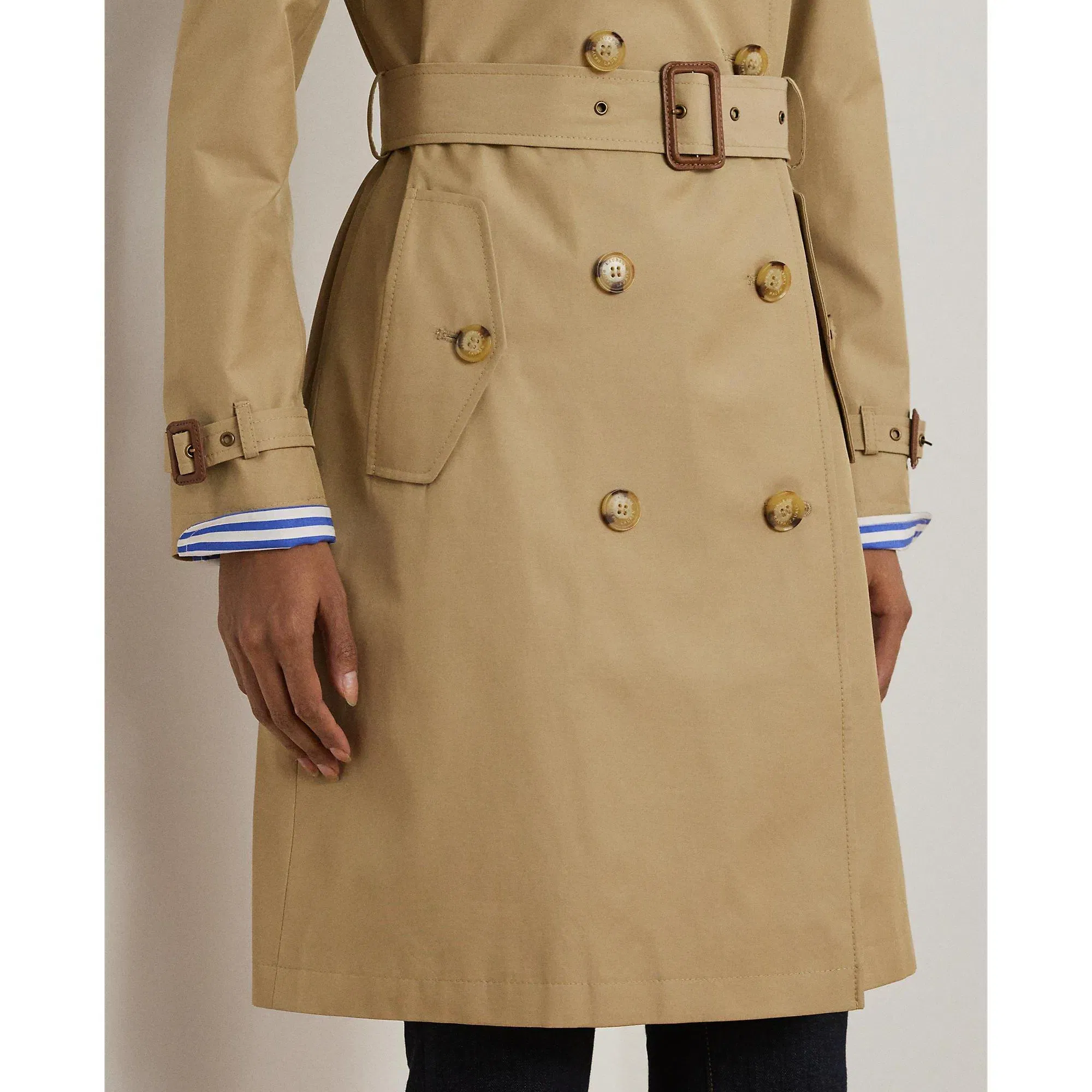 Double Breasted Belted Cotton Knee Length Long Sleeve Trench Coat