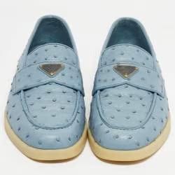 Prada Blue Ostrich Leather Slip On Loafers
