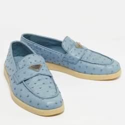 Prada Blue Ostrich Leather Slip On Loafers