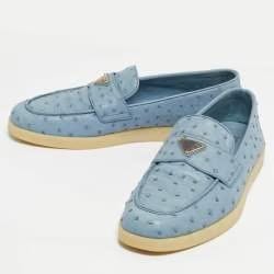 Prada Blue Ostrich Leather Slip On Loafers