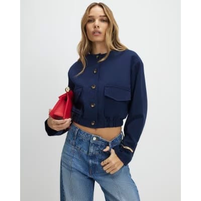 Navy Long Sleeve Pocket Detail Bomber Jacket