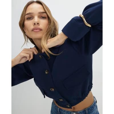 Navy Long Sleeve Pocket Detail Bomber Jacket