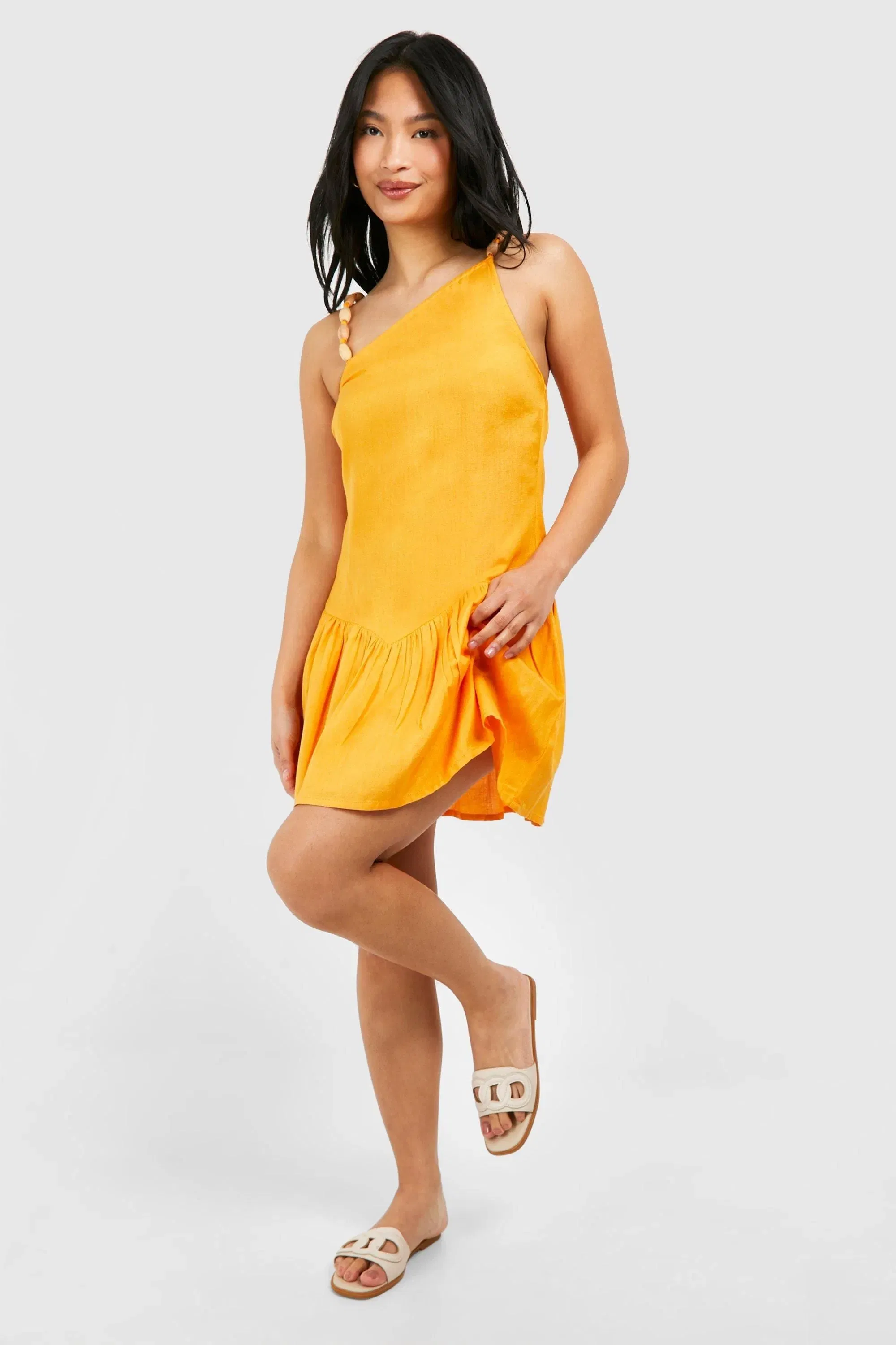 Petite Beaded Linen Look Mini Dress