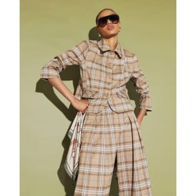 Beige Checked Pocket Detail Jacket