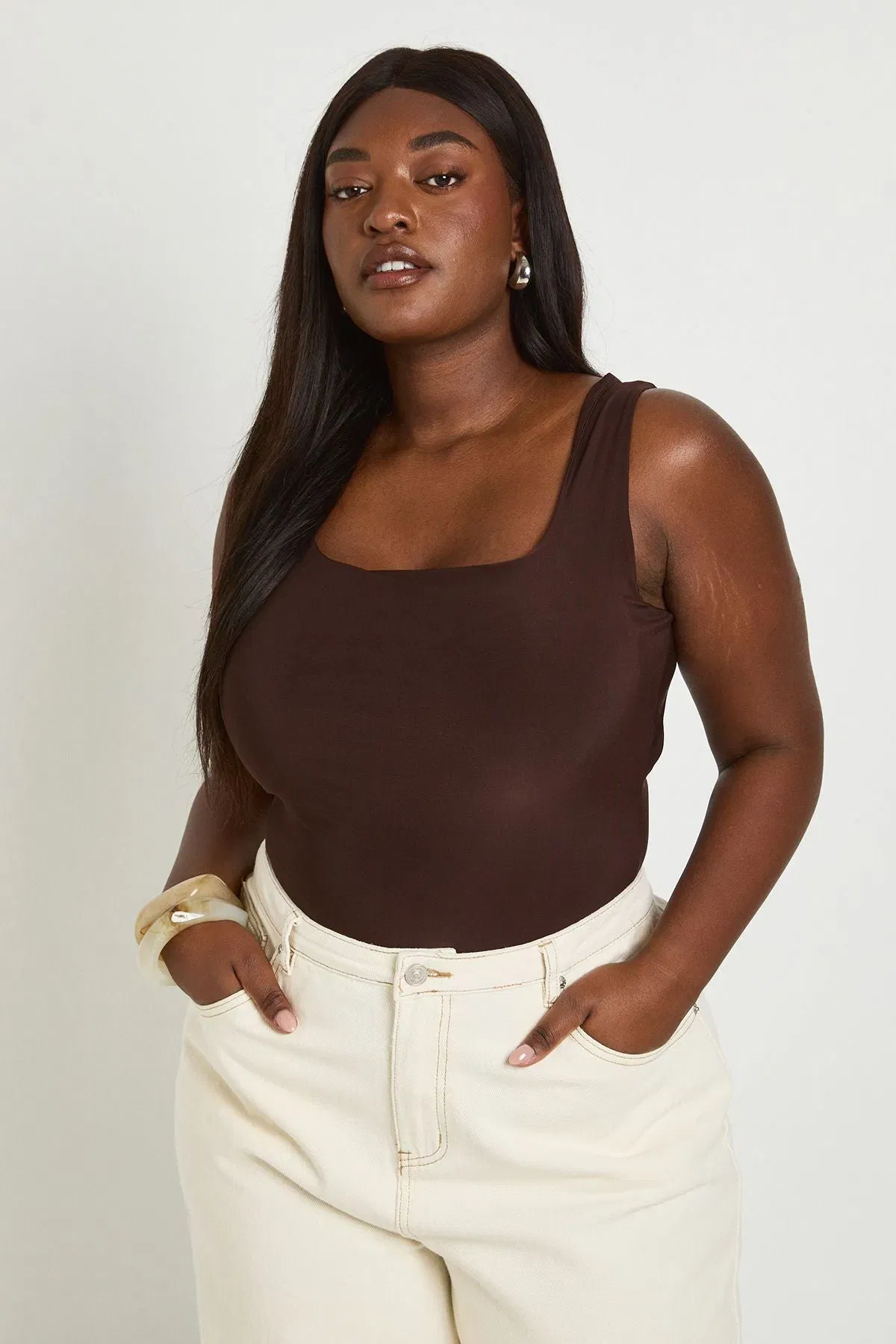 Plus Double Layer Slinky Square Neck Bodysuit