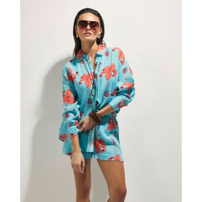 Blue Palm Print Beach Shirt