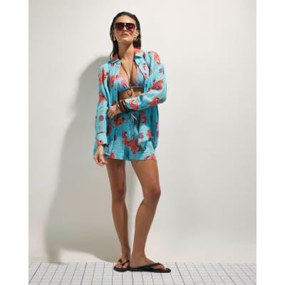 Blue Palm Print Beach Shirt