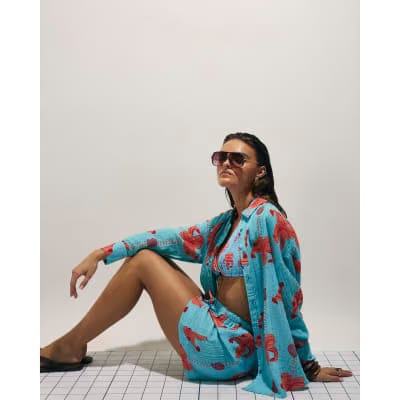 Blue Palm Print Beach Shirt