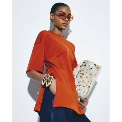 Orange Split Hem Boyfriend Fit T-Shirt