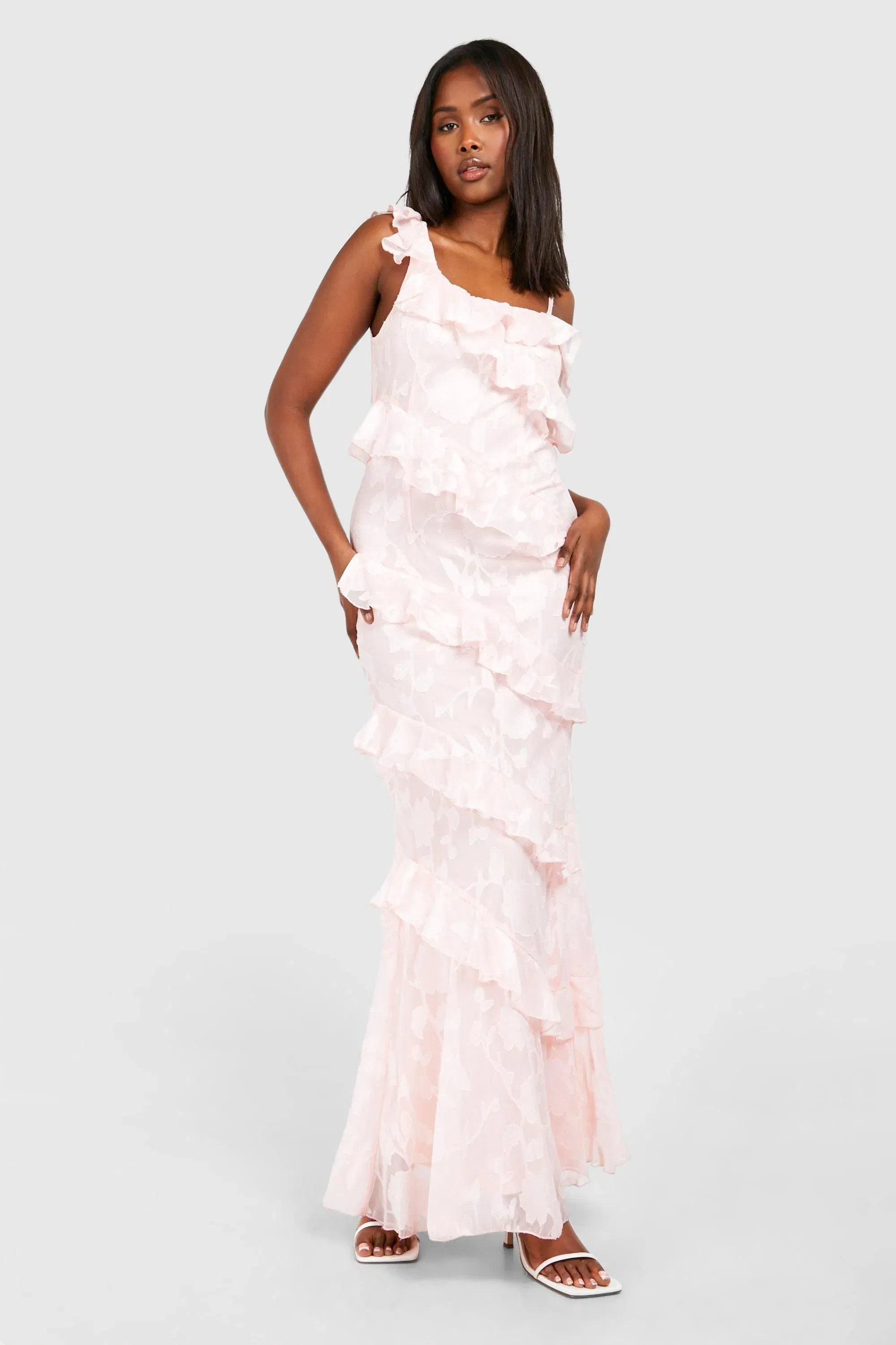 Textured Ruffle Asymmetric Maxi Dress