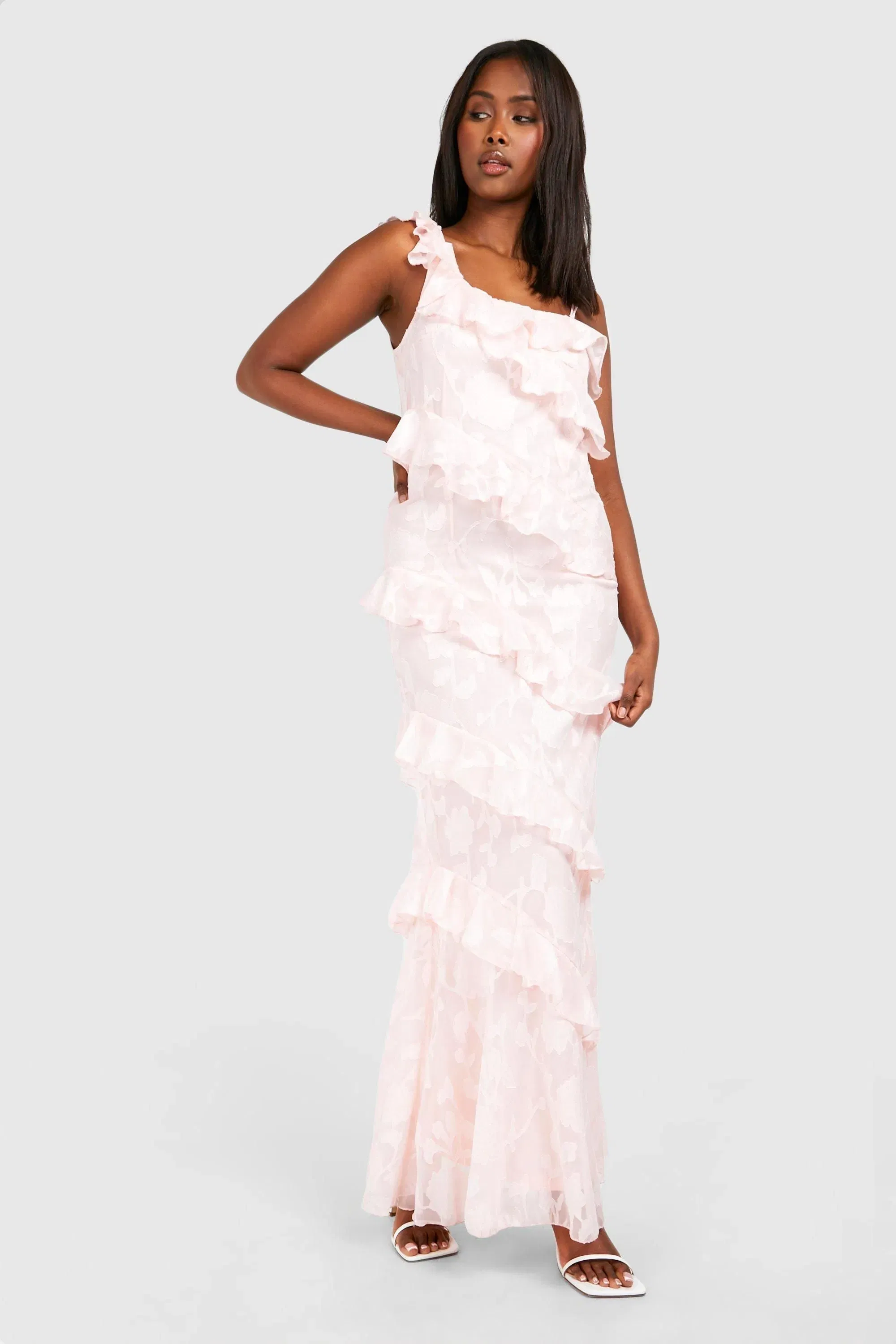 Textured Ruffle Asymmetric Maxi Dress