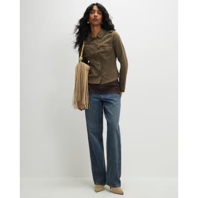 Khaki Long Sleeve Stretch Fitted Jacket
