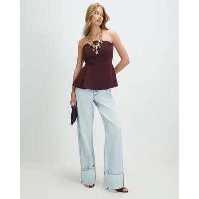 Brown Sleeveless Peplum Bandeau Top
