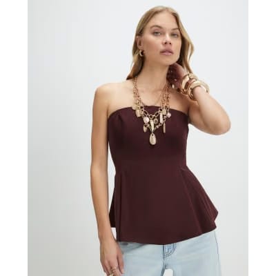 Brown Sleeveless Peplum Bandeau Top