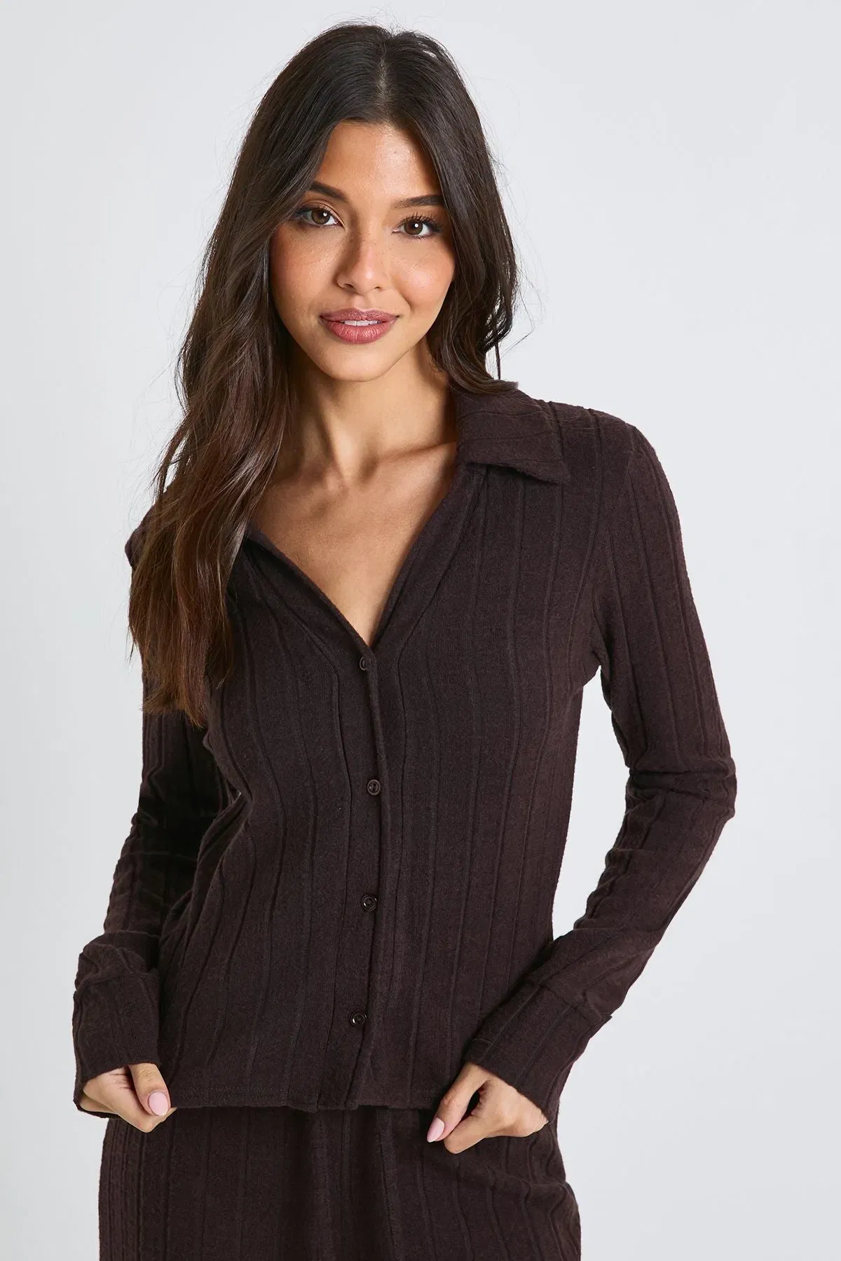 Brushed Rib Button Through Long Sleeve Shirt