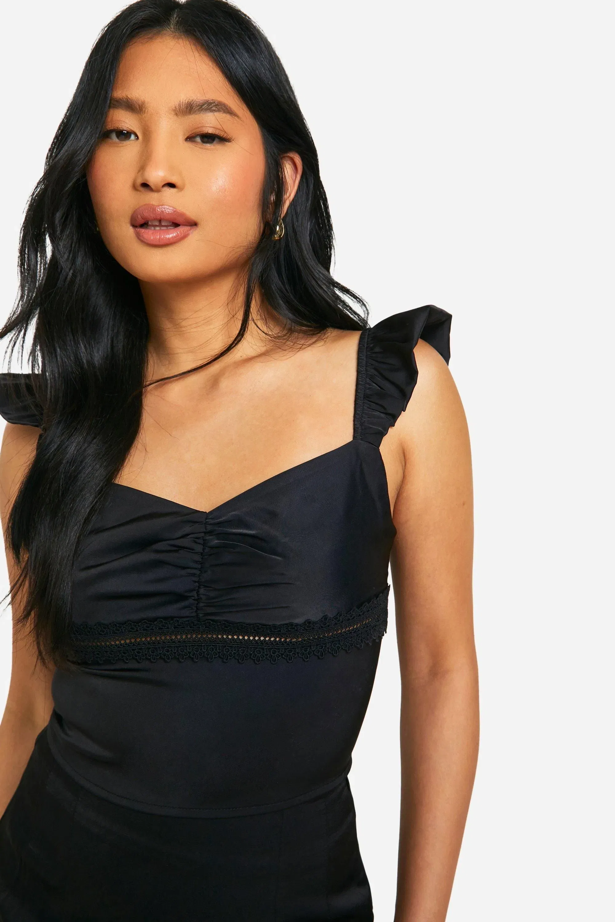 Petite Lace Trim Frill Satin Top