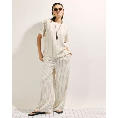 Cream Striped Linen Blend T-Shirt