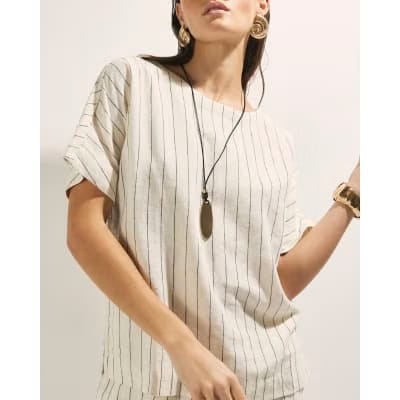 Cream Striped Linen Blend T-Shirt