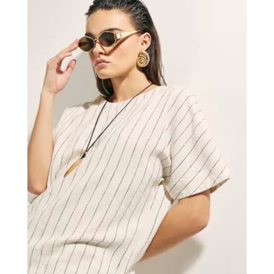 Cream Striped Linen Blend T-Shirt