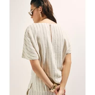 Cream Striped Linen Blend T-Shirt