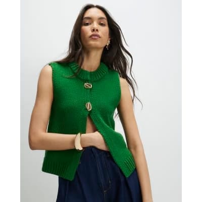 Green Sleeveless Button Cardigan