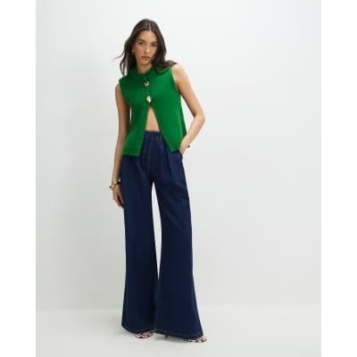 Green Sleeveless Button Cardigan