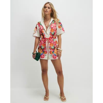 Petite Cream Floral Collared Playsuit