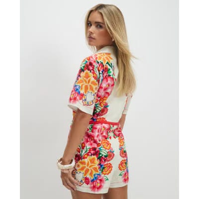 Petite Cream Floral Collared Playsuit