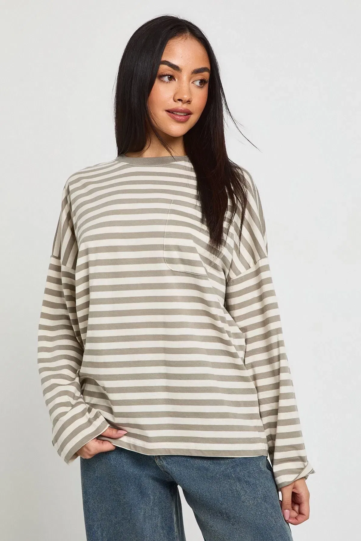 Striped Cotton Pocket Front Long Sleeve Top