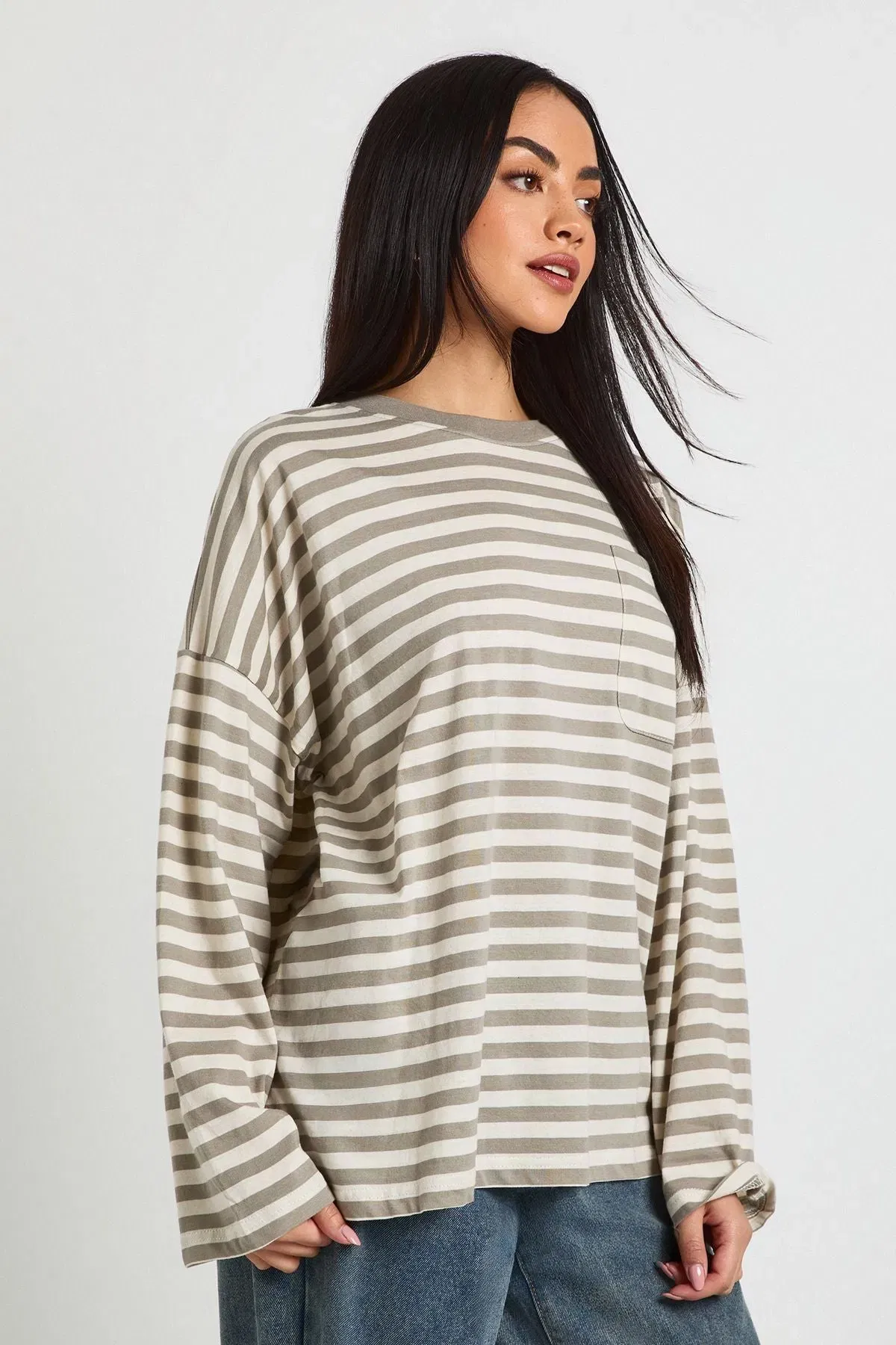 Striped Cotton Pocket Front Long Sleeve Top