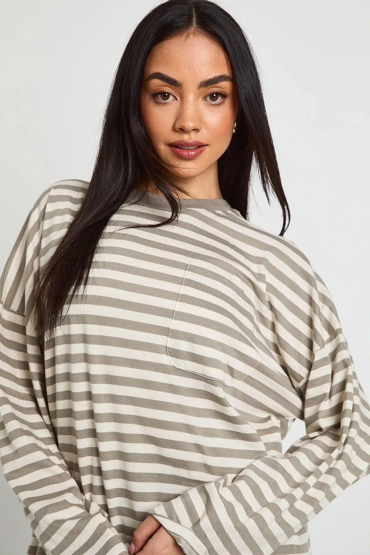 Striped Cotton Pocket Front Long Sleeve Top