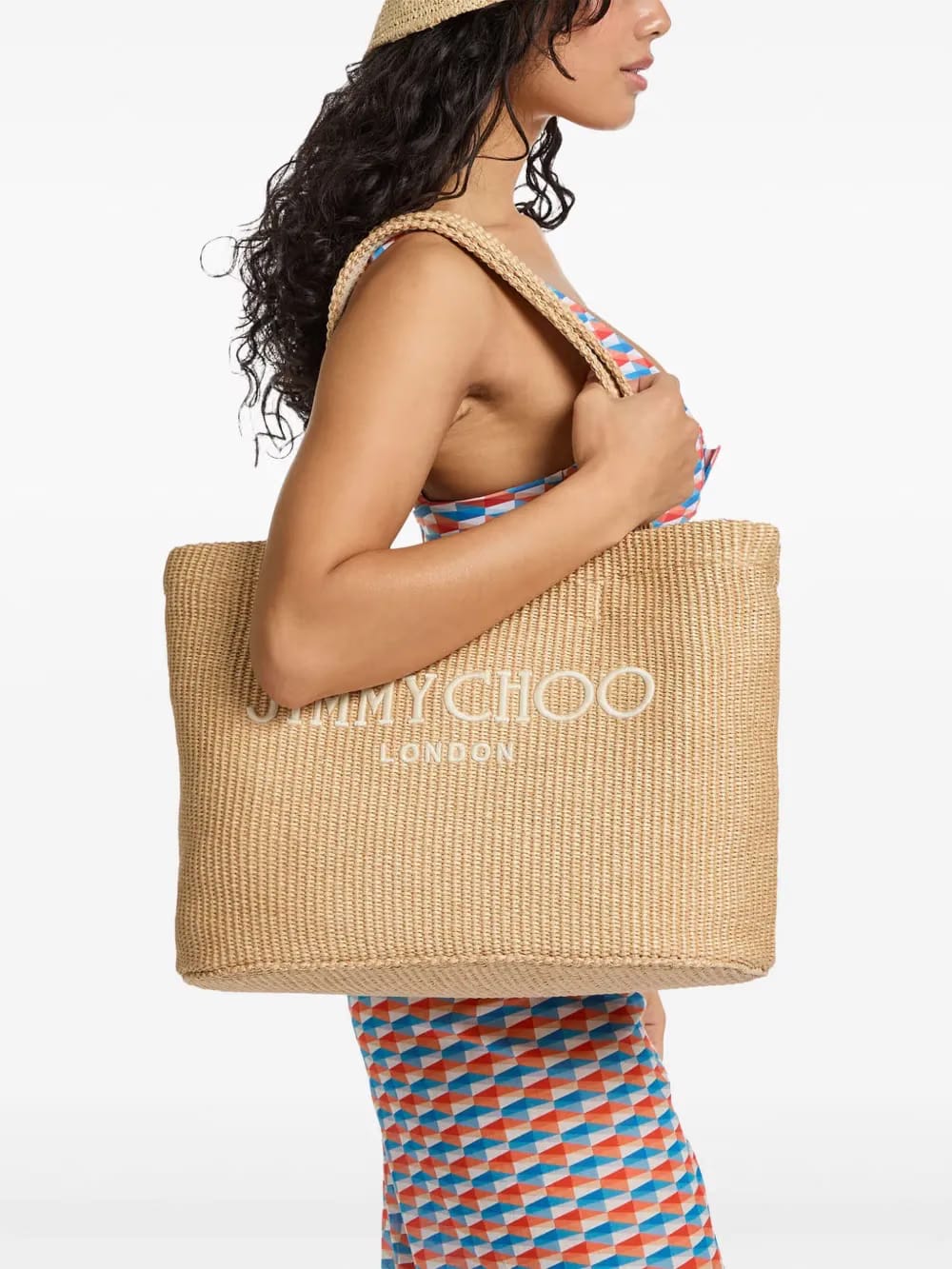 logo-embroidered raffia beach bag