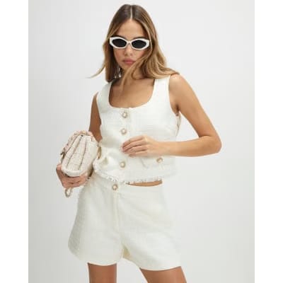 White Fringe Hem Boucle Shorts