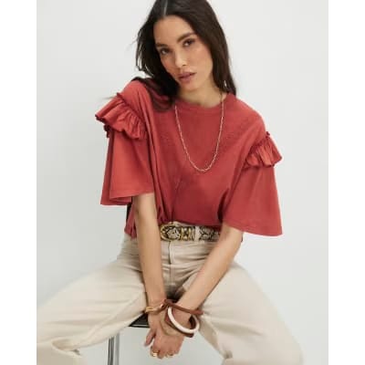 Orange Chevron Ruffle Sleeve T-Shirt