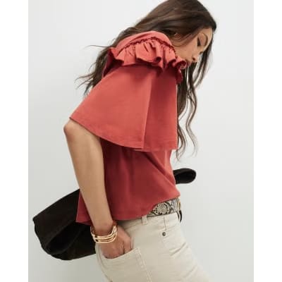 Orange Chevron Ruffle Sleeve T-Shirt